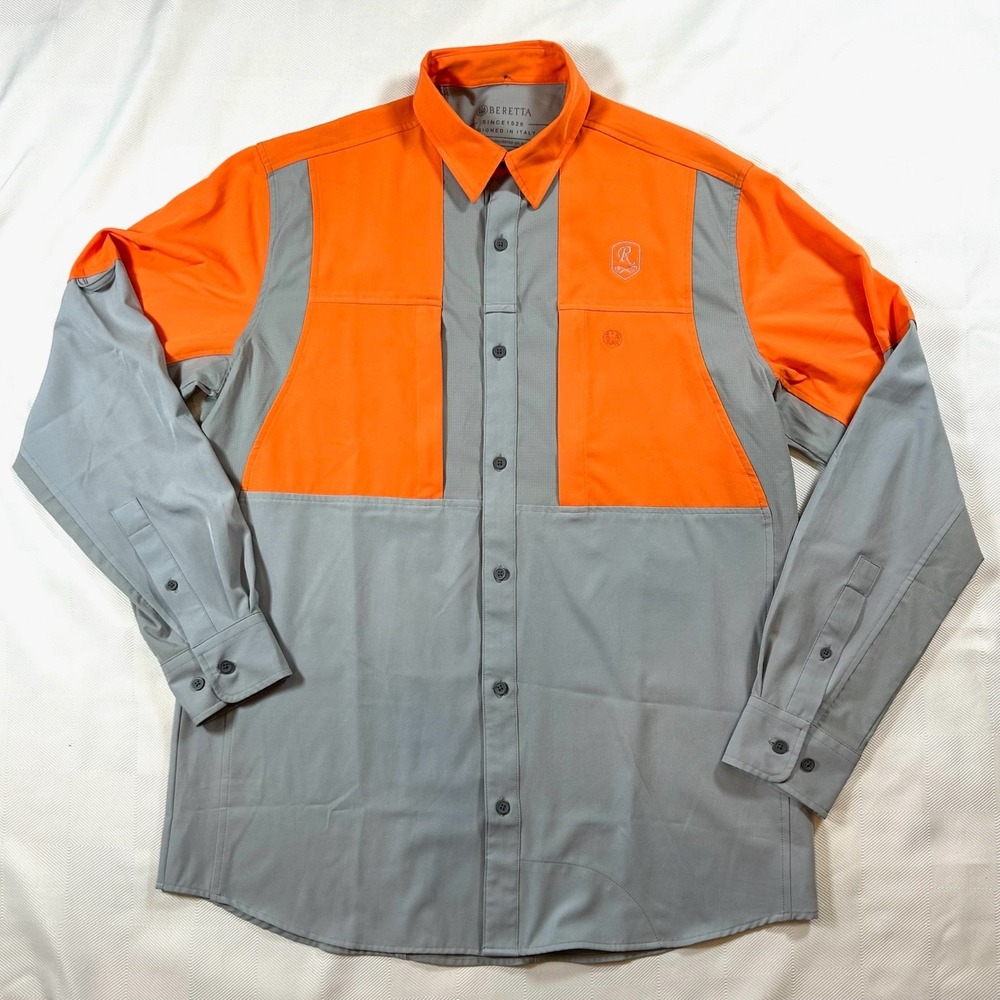 Beretta Ozark Tech Shirt Light Gray/Blaze Orange Hunting Outdoor Mens Small